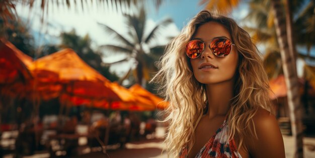 beautiful woman in sunglasses on the background of the azure beach Generative AI