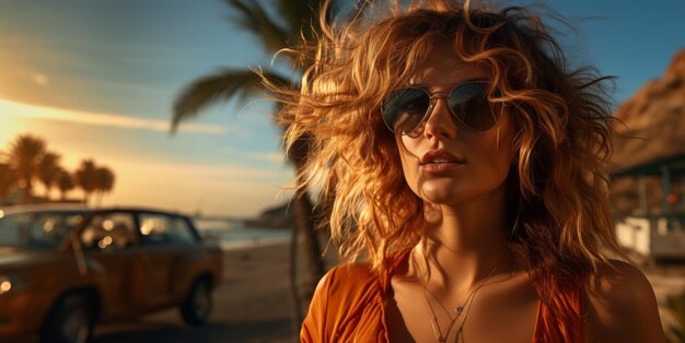 beautiful woman in sunglasses on the background of the azure beach Generative AI