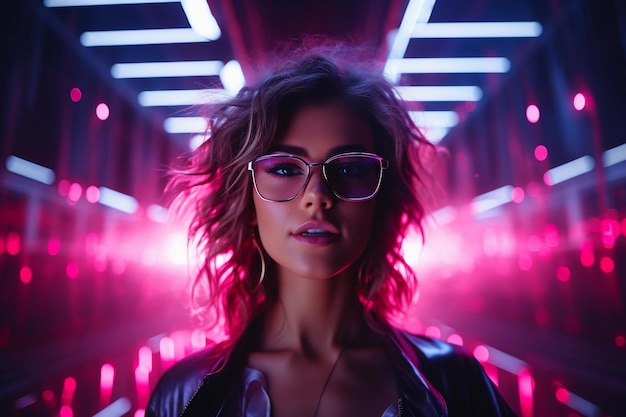 Beautiful woman in sunglasses on a background of neon lights