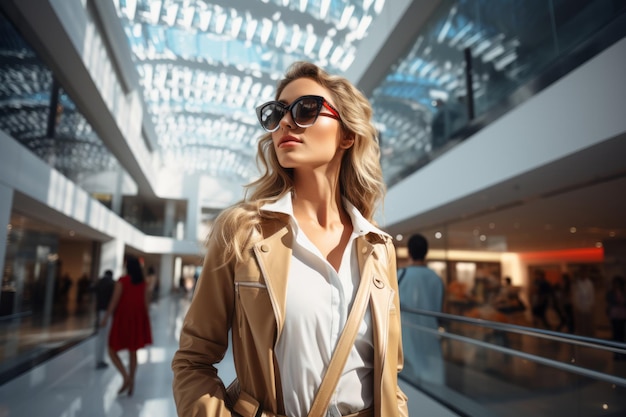 선글라스를 쓴 아름다운 여성이 실내 쇼핑몰에서 걷고 있다