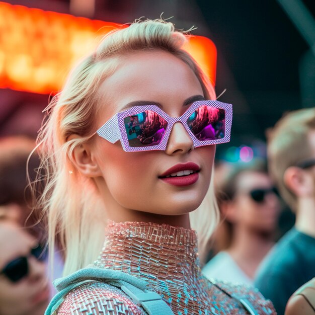 Beautiful woman in sunglasses at summer music festival on the beach