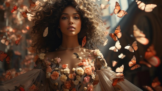 Beautiful woman surrounds many butterfly