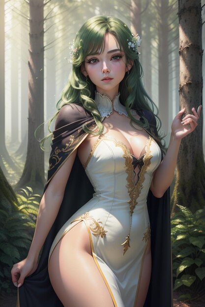 beautiful woman in a suspender dress in the forest trees background wallpaper illustration