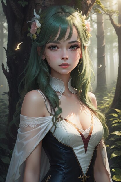 beautiful woman in a suspender dress in the forest trees background wallpaper illustration