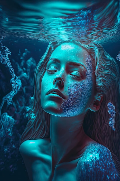 Foto una bella donna che nuota in una lussuosa piscina bioluminescente