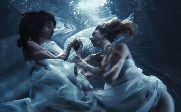 Красивая женщина плавает с маскарадным костюмом под водой