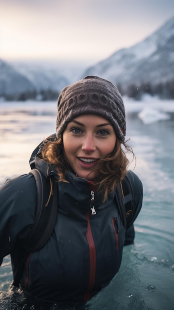 A beautiful woman swims in an icy lake Generative AI