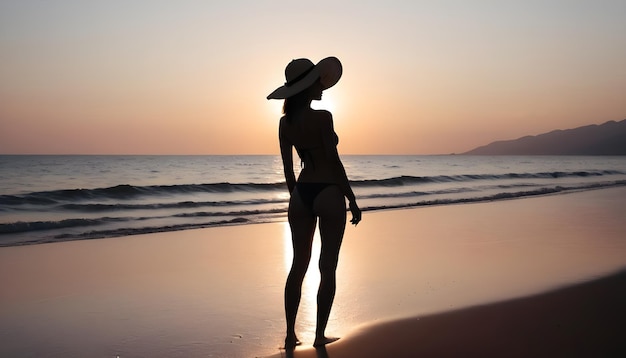 Прекрасная женщина в шляпе с купальником, стоящая на пляже.