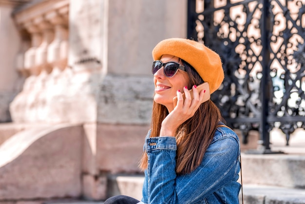 A beautiful woman talking on her phone