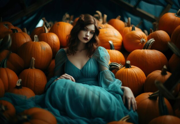 Beautiful woman in a teal dress surrounded by orange pumpkins Halloween autumnal fashion background