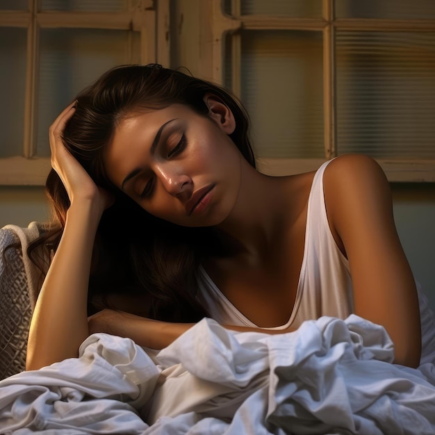 Beautiful woman tired next to washing machine