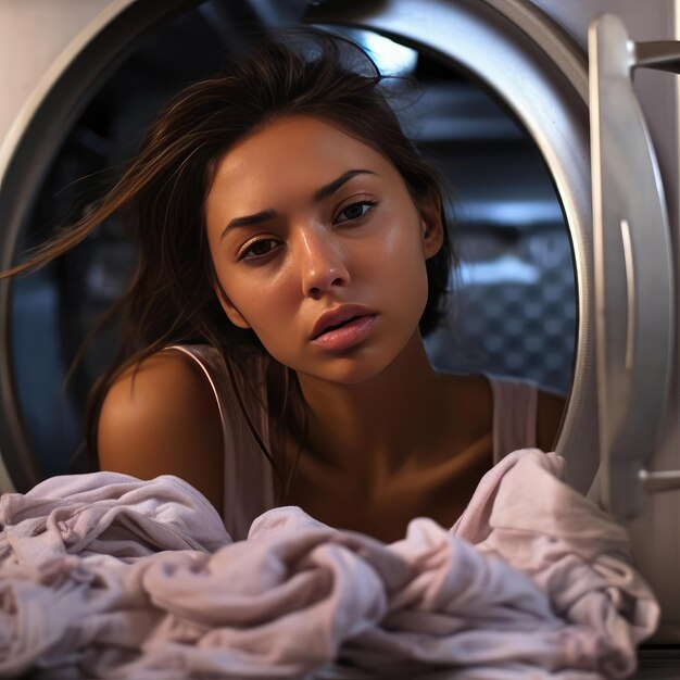 Beautiful woman tired next to washing machine