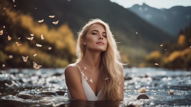 Photo beautiful woman touching happiness in nature spa style conceptgenerative ai