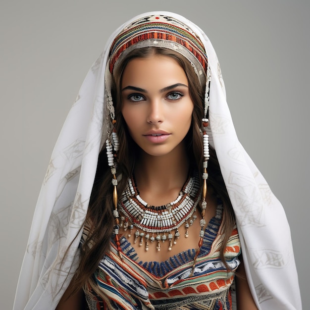 Красивая женщина в традиционной одежде, изображающая их вежливость и местность