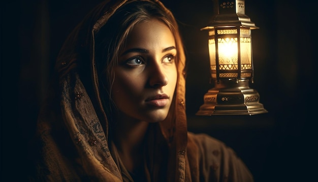 Beautiful woman in traditional clothing surrounded by lanterns generated by AI