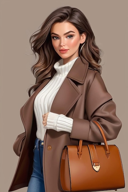 茶色のバッグを身に着けトレンディなコートを着た美しい女性