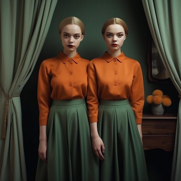 美しい女性双子のファッションモデルの写真撮影
