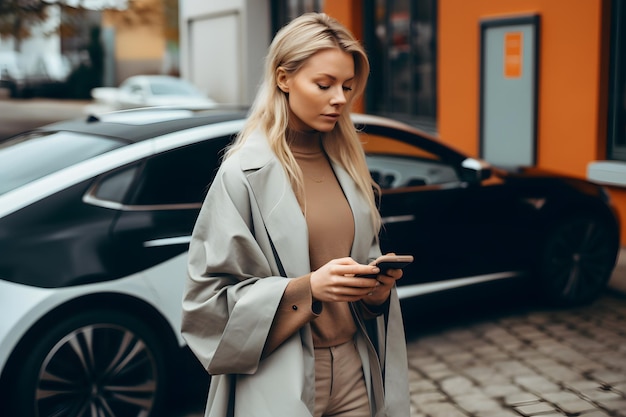 Красивая женщина использует мобильное приложение на телефоне на улице