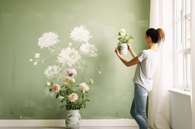 Foto bella donna e vaso di fiori in una stanza con carta da parati verde chiaro