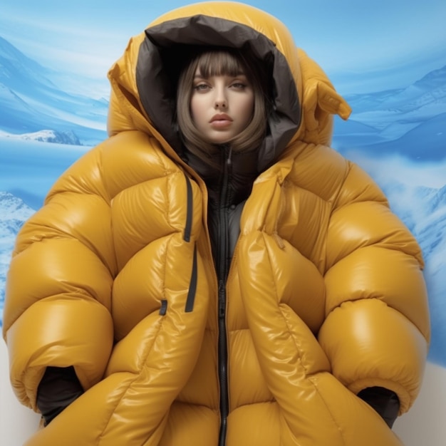 A beautiful woman in a very big puffer suit winter fashion modeling