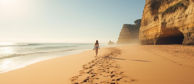 Foto bella donna che cammina sulla spiaggia al tramonto