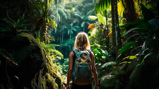 Foto bella donna che cammina nella giungla con alberi tropicali