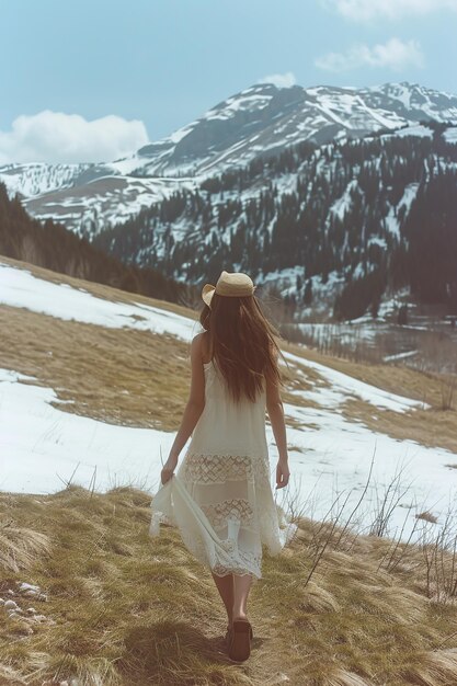 Photo beautiful woman walking in springtime mountains