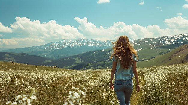 春 の 山 で 歩い て いる 美しい 女性