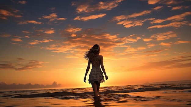 Beautiful woman walking in the water on the beach