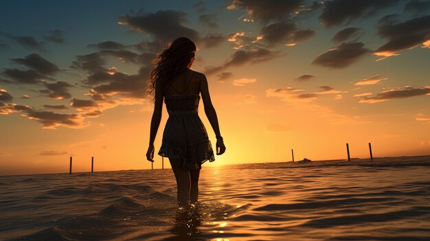 Beautiful woman walking in the water on the beach