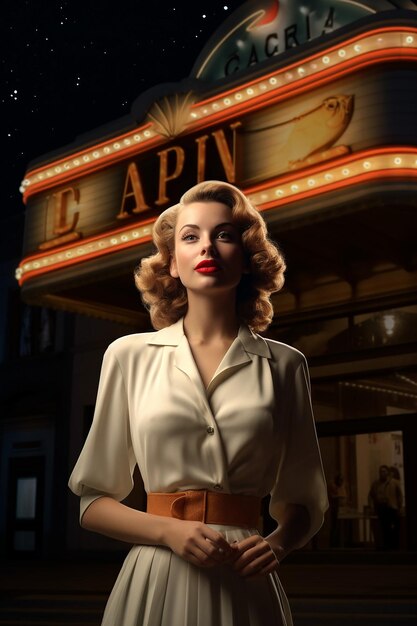 A beautiful woman wearing 1930s clothing standing in front of a theater marked 'cinema' in the dark