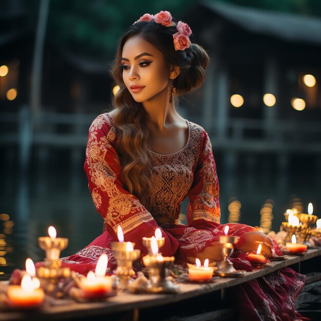 Фото Красивая женщина в желтом тайском платье loi krathong, украшенном цветами, свечами и благовониями.