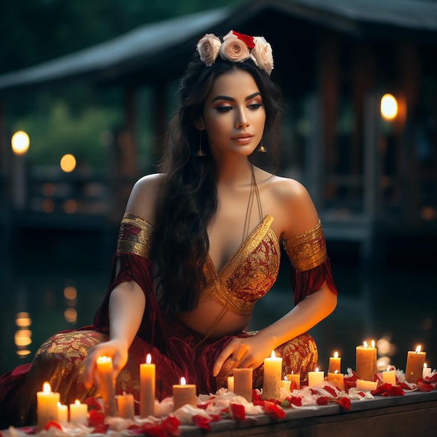 Фото Красивая женщина в желтом тайском платье loi krathong, украшенном цветами, свечами и благовониями.