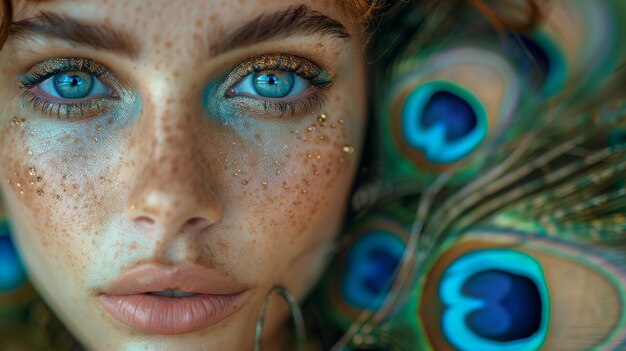 A beautiful woman wearing blue and bronze metallic eyeshadow long false lashes behind peacock feathers