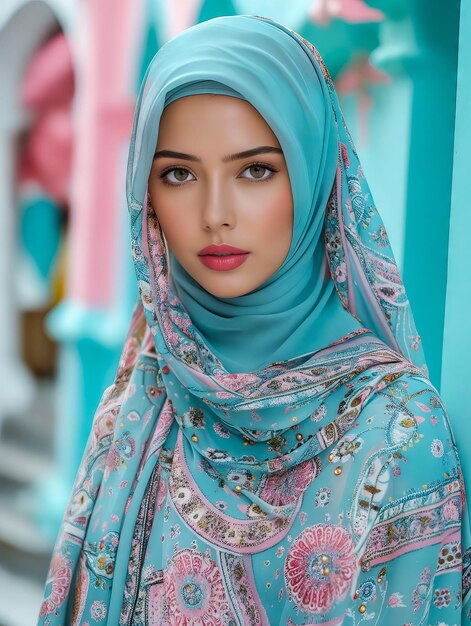 A beautiful woman wearing a blue hijab