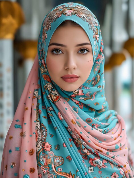 A beautiful woman wearing a blue and pink hijab