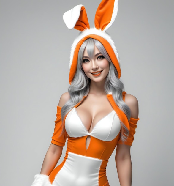 Beautiful woman wearing bunny costume on gray background Easter concept