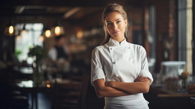Photo beautiful woman wearing chef clothes is standing on the kitchen restaurant