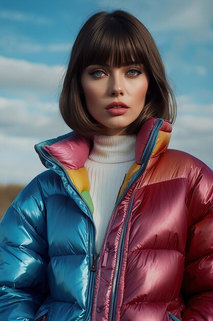 Foto bella donna che indossa un cappotto colorato