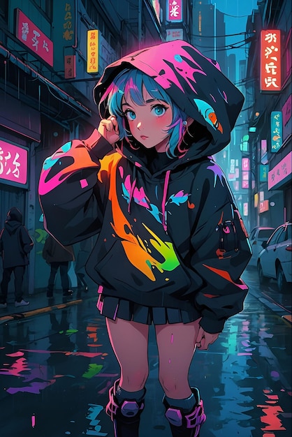 A beautiful woman wearing a colorful hoodie in the city during the rain at night