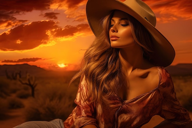 砂漠でカウボーイの帽子をかぶった美しい女性