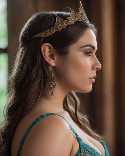 A beautiful woman wearing a crown and earrings