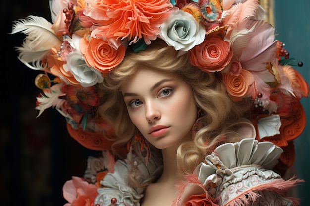 a beautiful woman wearing an elaborate hat with flowers