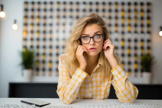 Photo a beautiful woman wearing glasses with an expression confused about choosing