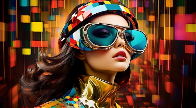 A beautiful woman wearing goggles on an old glow colorful background