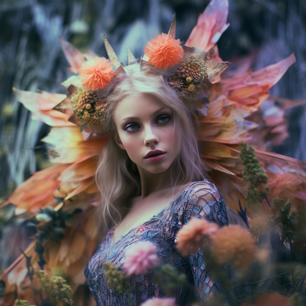 A beautiful woman wearing a magical fairy costume with butterfly wings