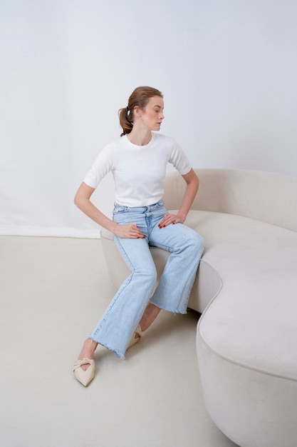 Beautiful woman wearing minimalist shirt