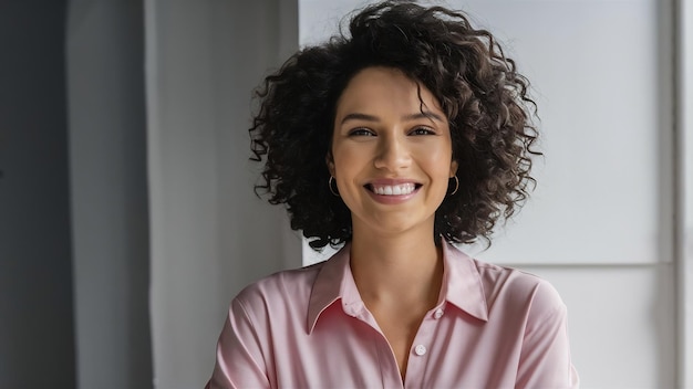 Beautiful woman wearing a pink shirt with a happy smile on a white background