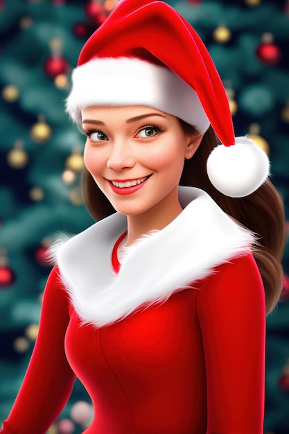 A beautiful woman wearing a Santa Claus outfit and hat smiles packing Christmas presents against the background of a Christmas tree