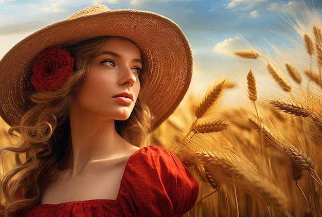 the beautiful woman wearing a straw hat is in the middle of the wheat field in the style of red